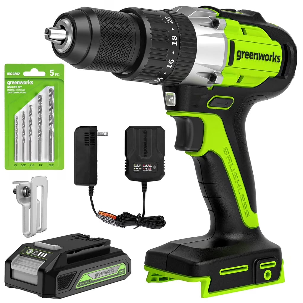 Unleash Your DIY Potential with the 24V Brushless Cordless Hammer Drill & 5 Piece Bit Set – Includes 2.0 Ah Battery & Charger!