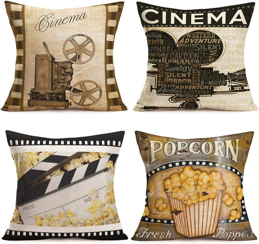 4Sets Vintage Movie Cinema Throw Pillow Covers Retro Film Clapper Board Fresh Popcorn Quote Cotton Linen Decorative Midnight Home Sofa Bed Pillow Cushion Case Cover 18”X18” (Mc-Movie)