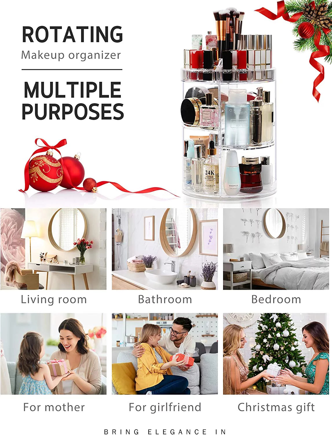 Makeup Organizer, 360 Degree Rotating Adjustable Cosmetic Storage Display Case with 4 Layers Large Capacity, Fits Jewelry, Makeup Brushes, Lipsticks and More, Clear Transparent