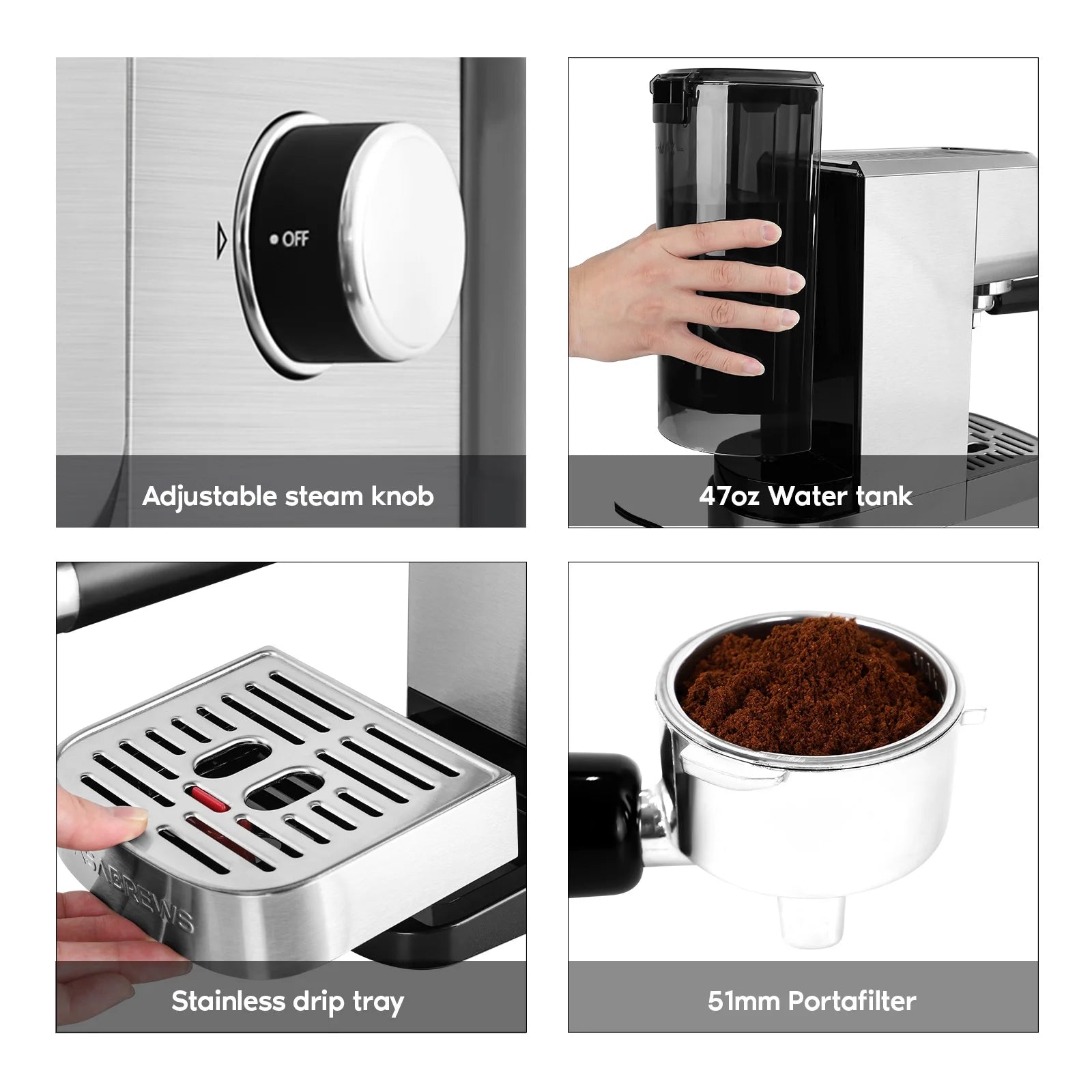 20 Bar Espresso Machine with Milk Frother Steam Wand, Professional Latte Coffee Machine, Stainless Steel, Silver