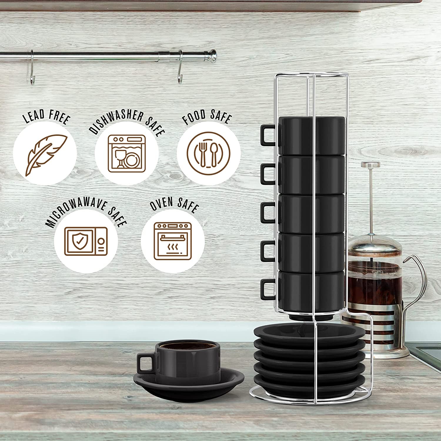 Espresso Cups and Saucers with Spoons, Black, Stackable Demitasse with Metal Stand, 19 Pieces, 2.5 Ounce, Porcelain, Tea Kit, Teacups, Turkish Coffee Mug, Organizer Rack