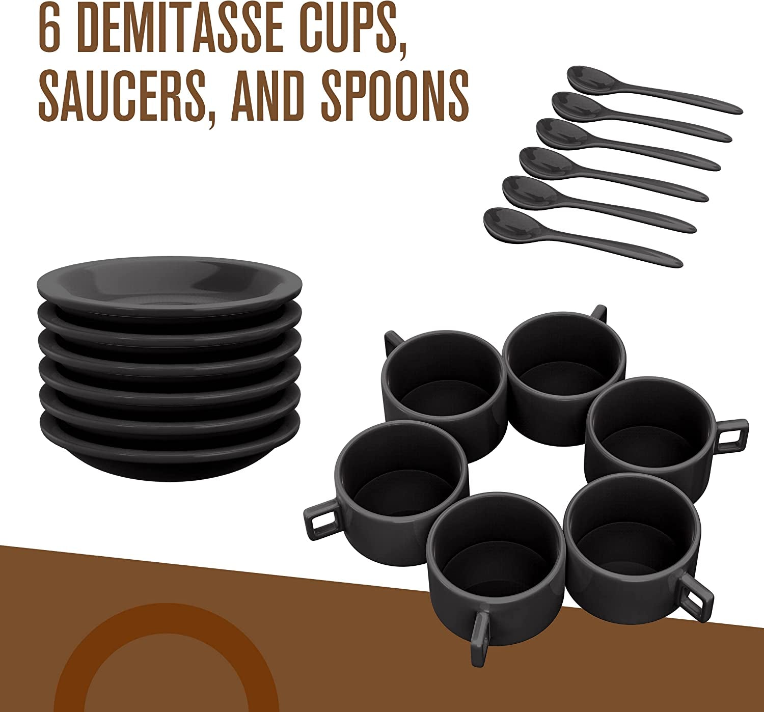 Espresso Cups and Saucers with Spoons, Black, Stackable Demitasse with Metal Stand, 19 Pieces, 2.5 Ounce, Porcelain, Tea Kit, Teacups, Turkish Coffee Mug, Organizer Rack