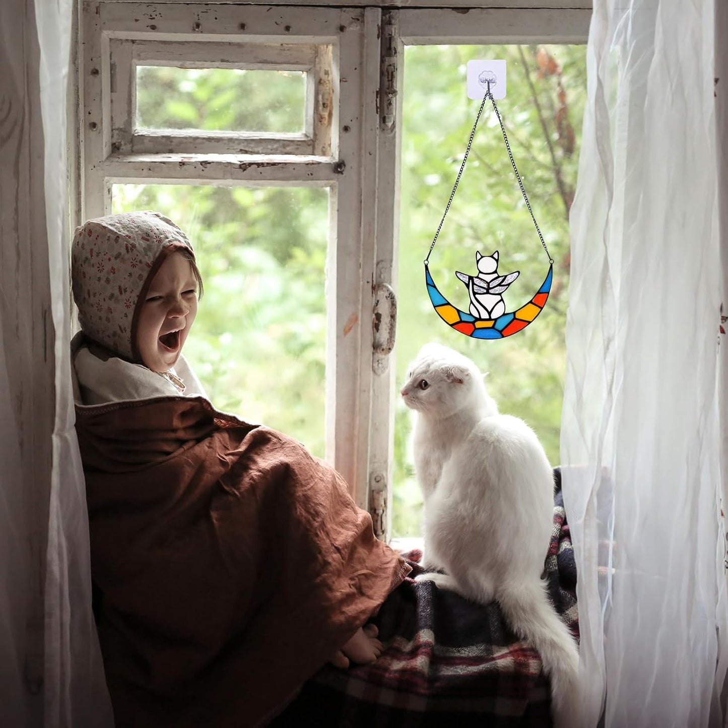 Beautiful Angel White Cat Memorial Stained Glass Decoration - A Heartfelt Tribute for Cat Lovers
