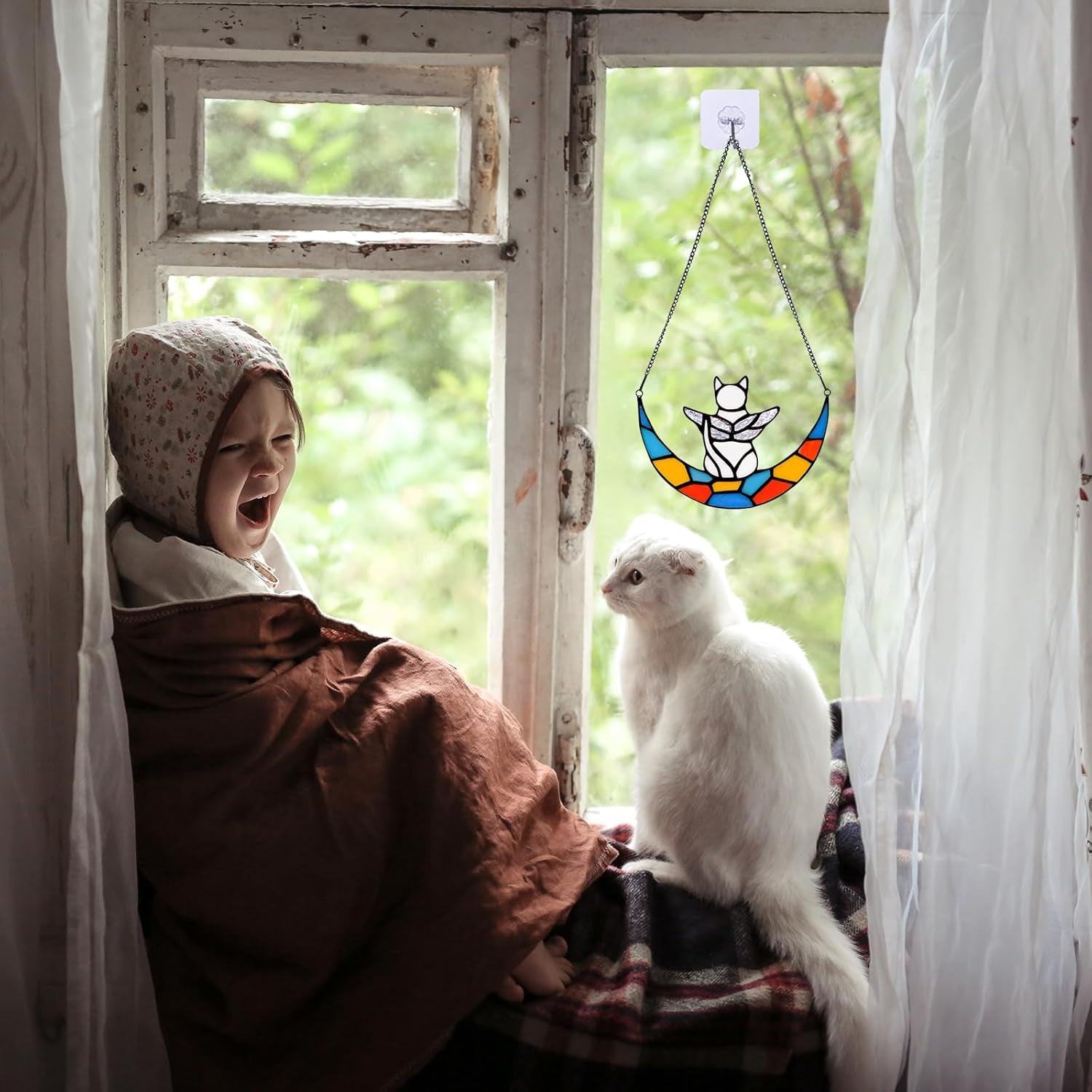 Beautiful Angel White Cat Memorial Stained Glass Decoration - A Heartfelt Tribute for Cat Lovers