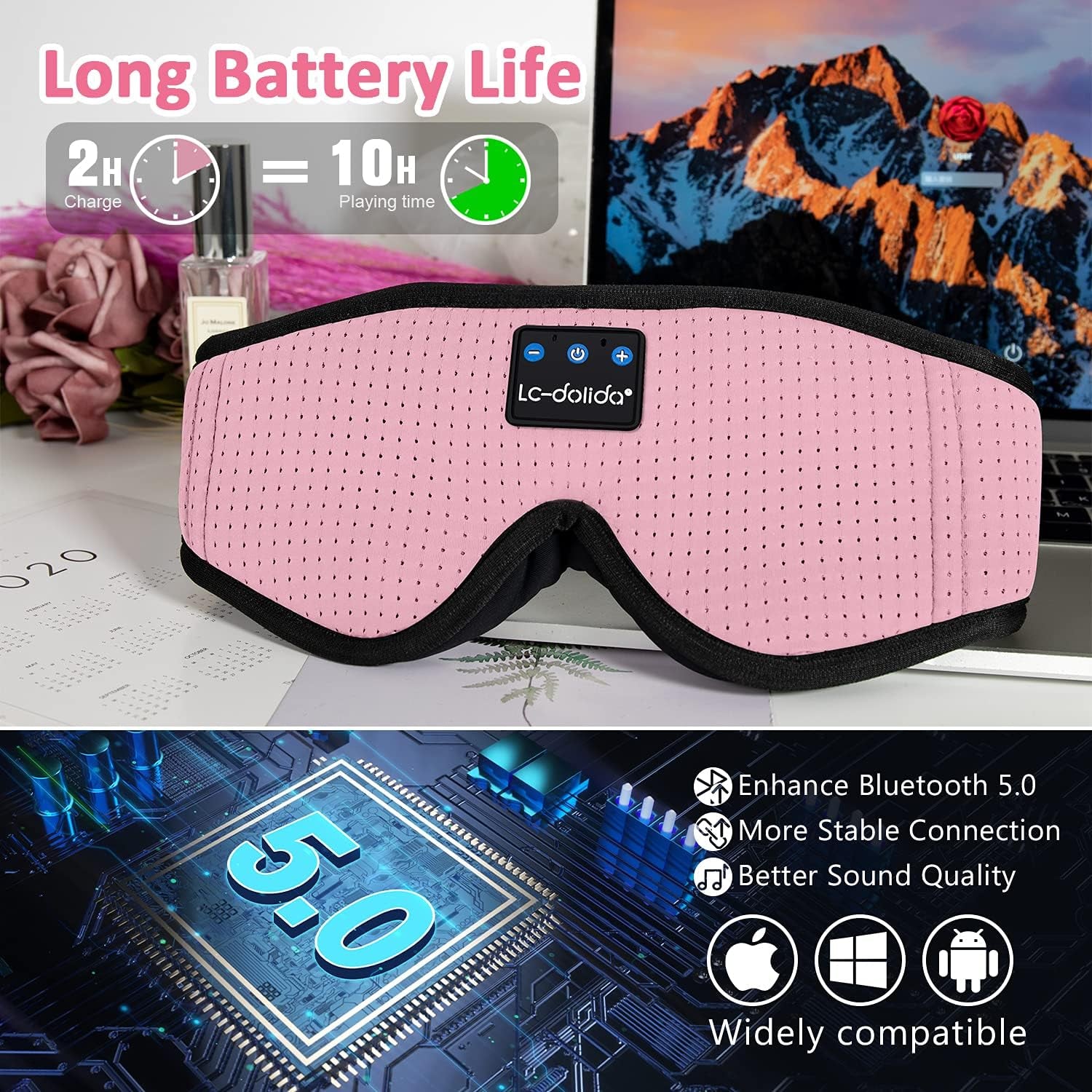 Sleep Mask with Bluetooth Headphones, 3D Sleep Headphones Bluetooth Sleep Mask Breathable Sleeping Headphones for Side Sleepers Best Gift and Travel Essential (Pink)