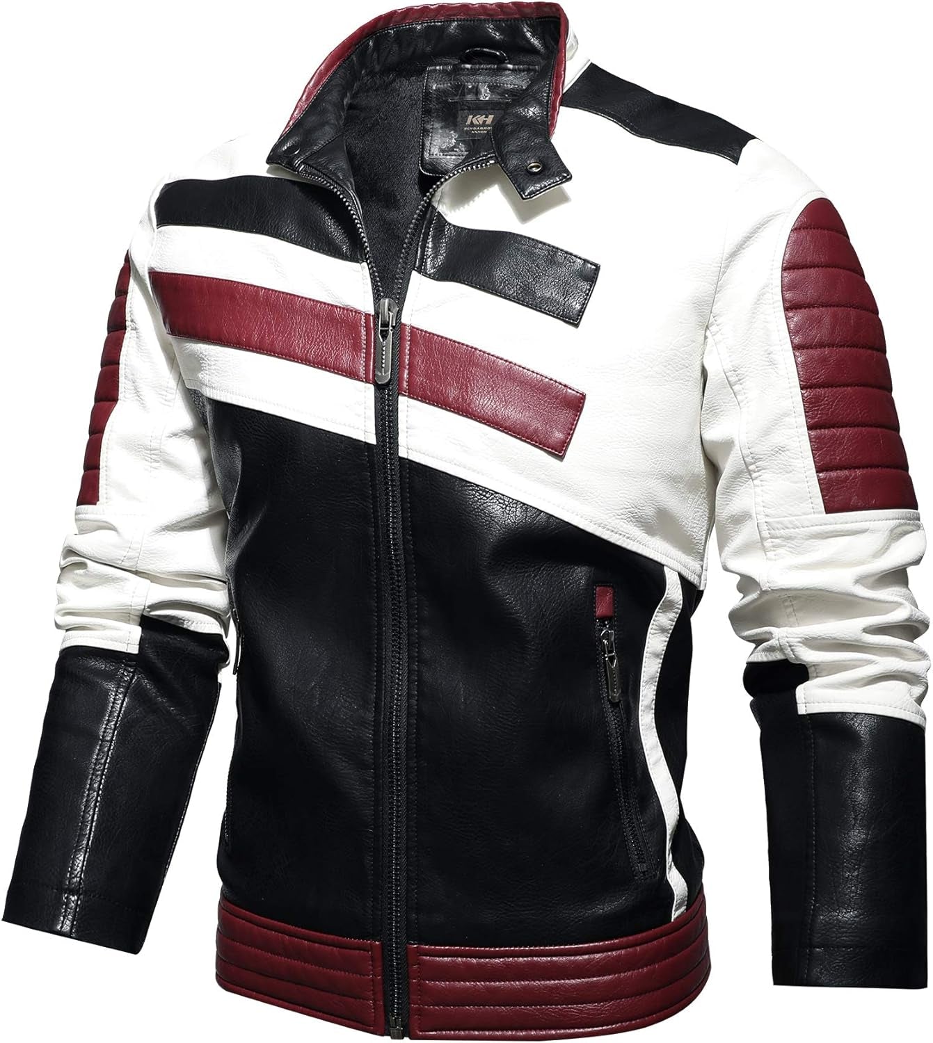 Stand-Up Collar Men'S Motorcycle Leather Motorcycle Racing Suit Color-Blocking PU Simulation Leather Jacket