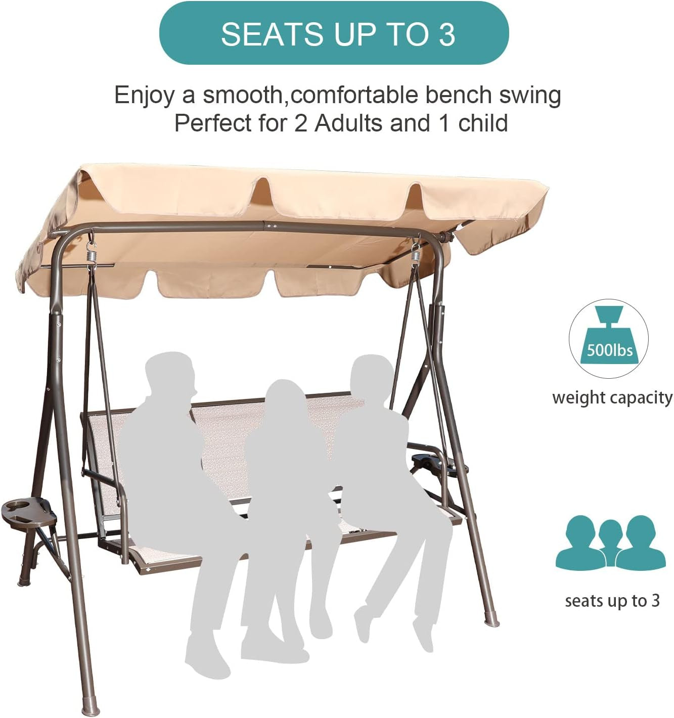3 Person Outdoor Weather Resistant Patio Glider Swing Hammock Chair W/ Utility Tray & Sunshade Canopy for Patio, Garden, Deck, or Pool, Taupe