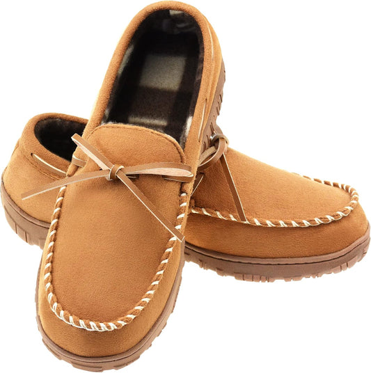 Mens Moccasin Slippers Memory Foam Indoor Outdoor House Shoes with Hard Sole