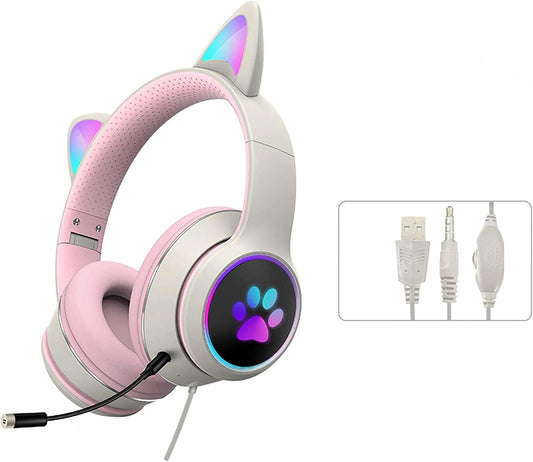 Ear Headphones, Cat Ear LED Light up Foldable Headphones Hifi 3.5MM Noise Reduction Headphones Computer Gaming Headset Cat Ear Headphone with Microphone and Volume Control