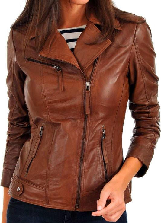 Womens Leather Jacket Bomber Motorcycle Biker Real Lambskin Leather Jacket for Womens