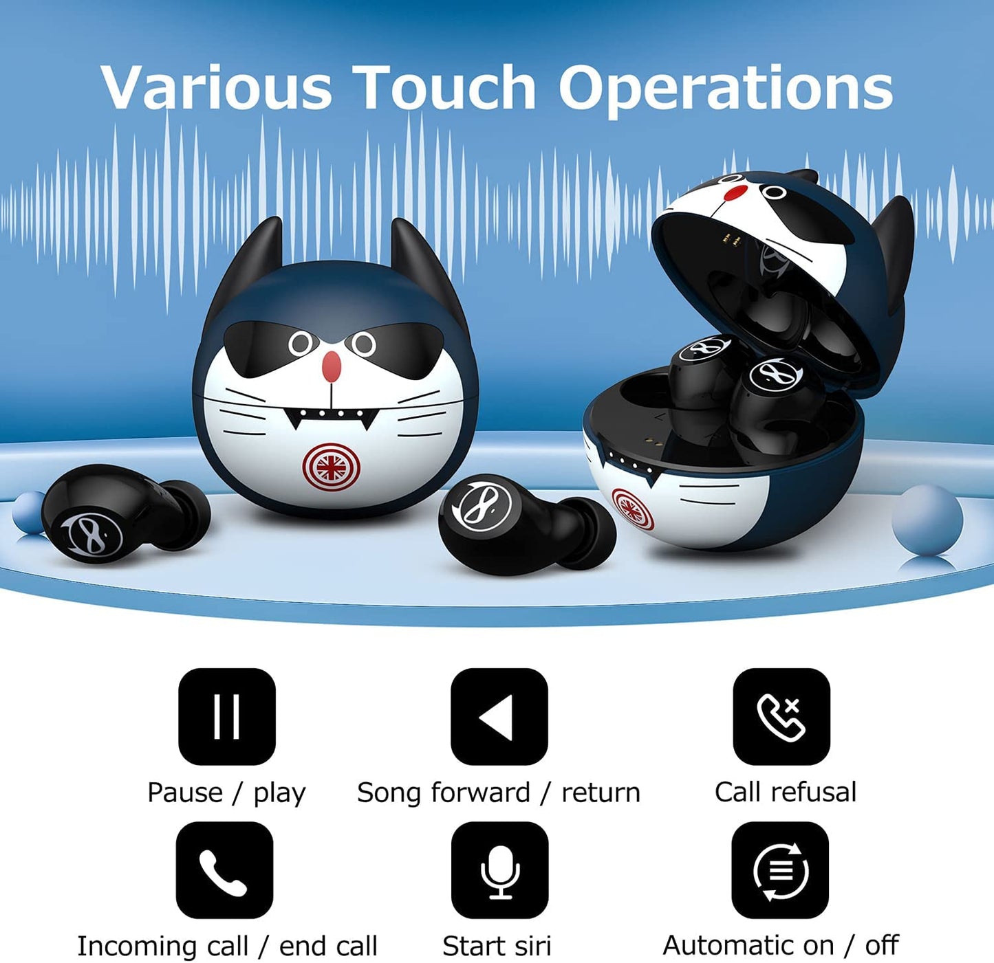 Kids Wireless Earbuds In-Ear Cute Little Devil Earphones for Kids Adult Gift 36H Playtime 3D Stereo Deep Bass Earbuds with Built-In Mic for Workout Sport (Blue Cat)