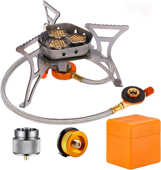 Camping Stove, Windproof Backpacking Stove with 3 Burner Cores, Piezo Ignition, Storage Box, 2 Types Fuel Canister Adapters, Camping Gear Portable Stove for Outdoor Camping Hiking Cooking