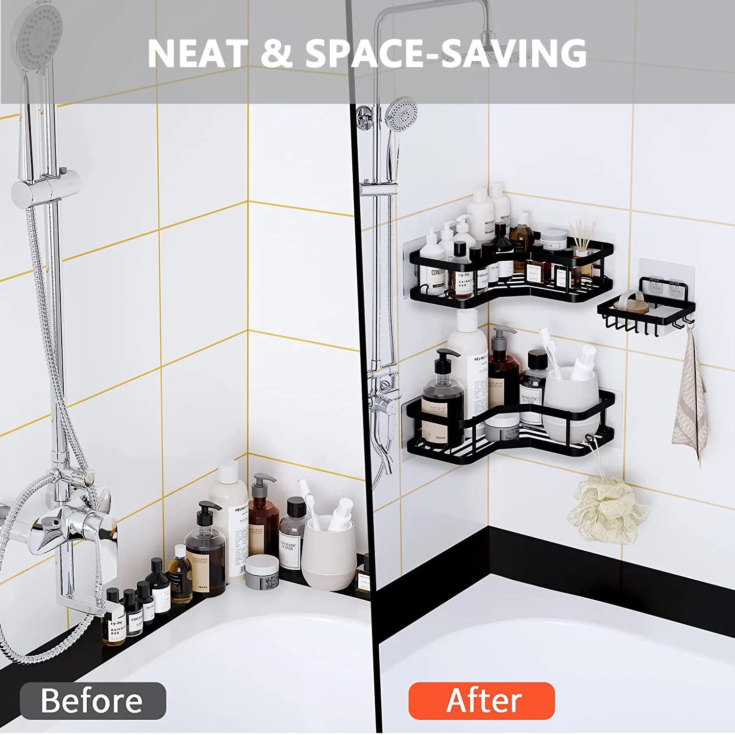 3 PCS Corner Shower Caddy Shower Organizer, 2 Tier Self-Adhesive Bathroom Organizer Shower Caddy Basket with Soap Holder, No Drilling Wall Mounted Rustproof Stainless Steel Shower Rack Black
