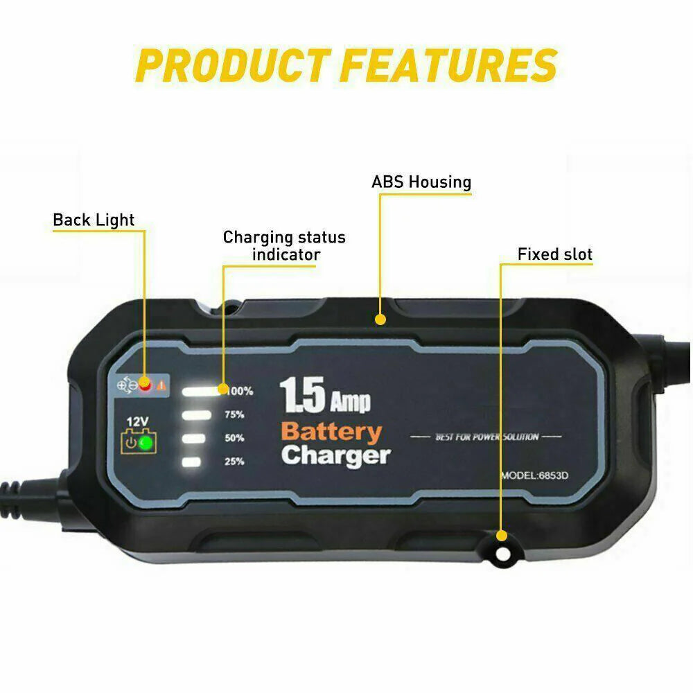 1500mAh Smart Automatic Battery Charger - Portable 12V Car Trickle Maintainer for Optimal Battery Care