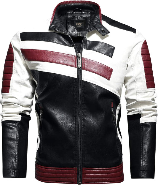 Stand-Up Collar Men'S Motorcycle Leather Motorcycle Racing Suit Color-Blocking PU Simulation Leather Jacket