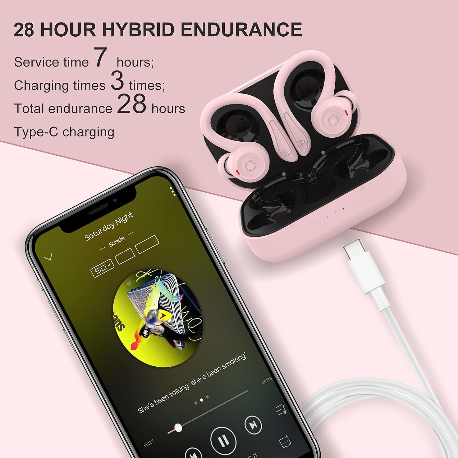Pink over Ear Wireless Earbuds with Earhooks Running Bluetooth Earbuds with Ear Hook Waterproof Small Earphones in Ear Headphones Noise Cancelling Headset Android Ear Buds for Workout Sport Gym