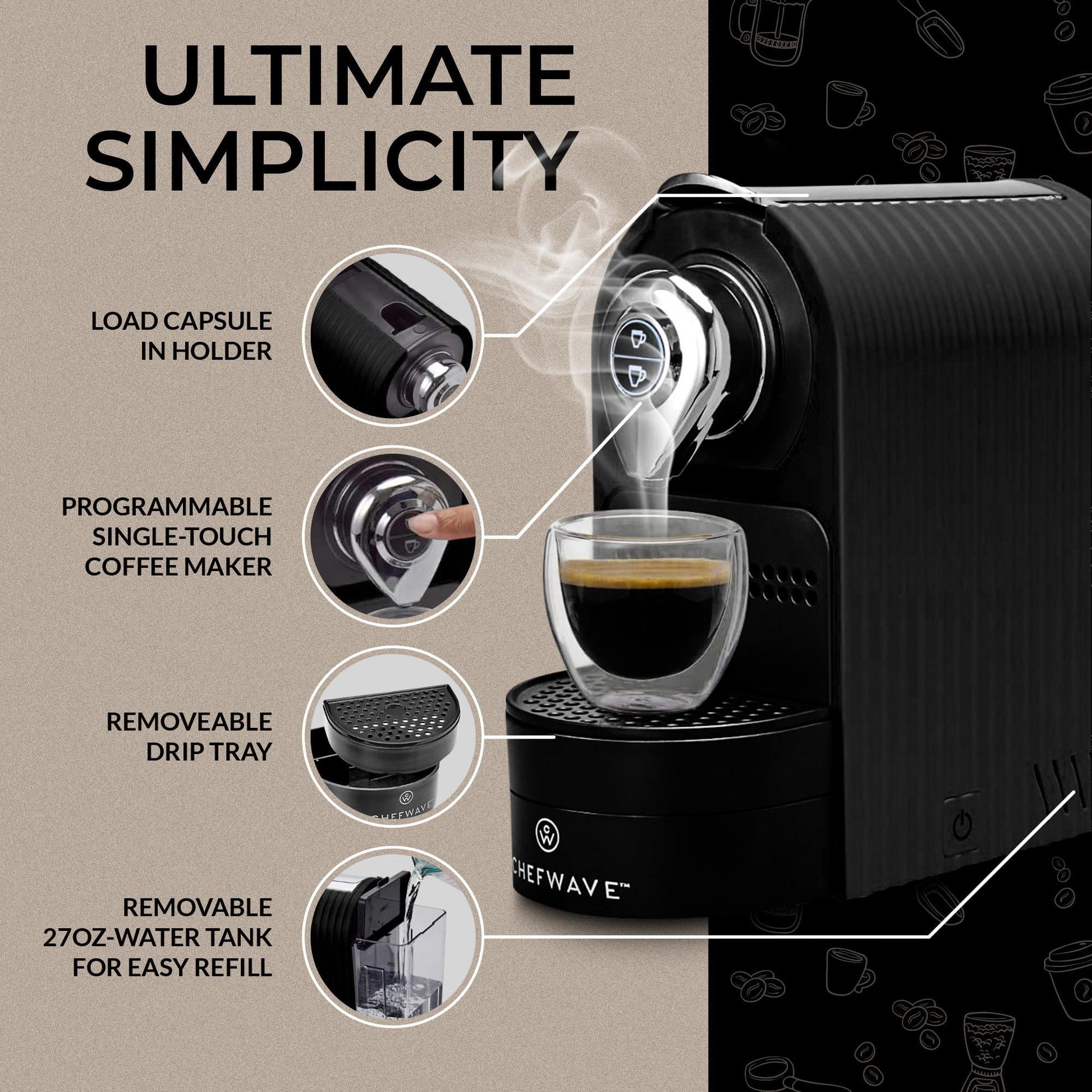 Espresso Machine for Nespresso Capsules (Black) with Holder and Cups