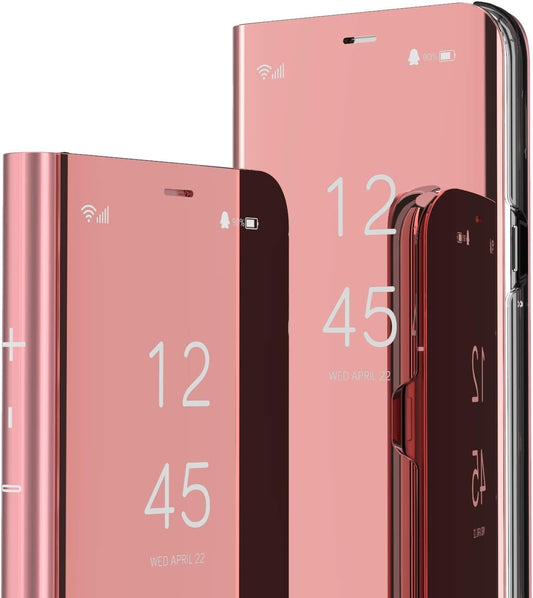 LEECOCO for Samsung A20 Case Slim Luxury Clear View Electroplate Plating Mirror Makeup Stand Scratchproof Full Body Protective Flip Case Cover for Samsung Galaxy A20 / A30 Mirror PU Rose Gold