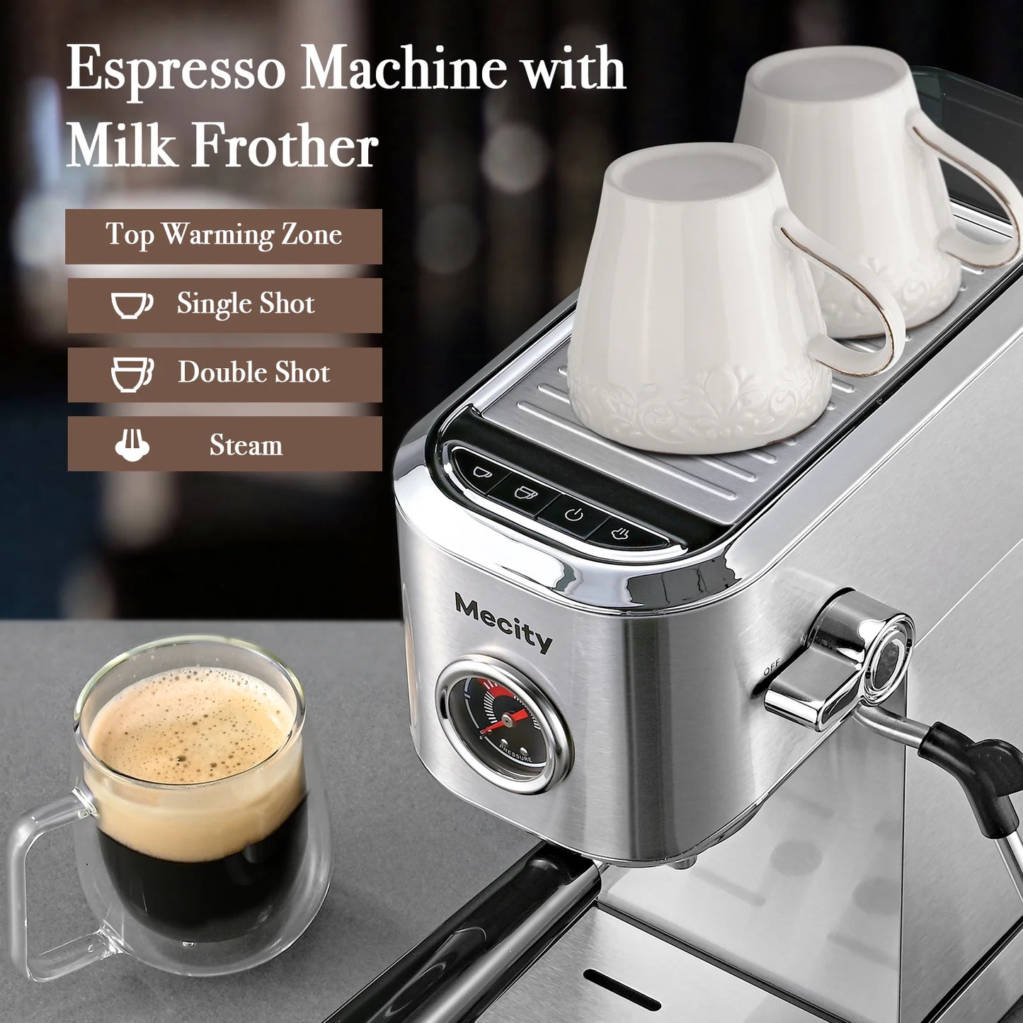 20 Bar Espresso Machine with Milk Frother, Brushed Stainless Steel Shell, 37 Fl.Oz Water Reservoir, Coffee Maker for Espresso, Latte, Mocha, Americano. 120V, 1350W