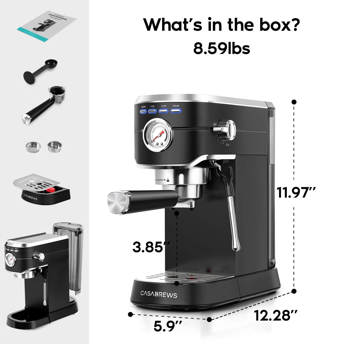 20 Bar Espresso Machine with Milk Frother Steam Wand, Professional Cappuccino Machine, Stainless Steel, Black