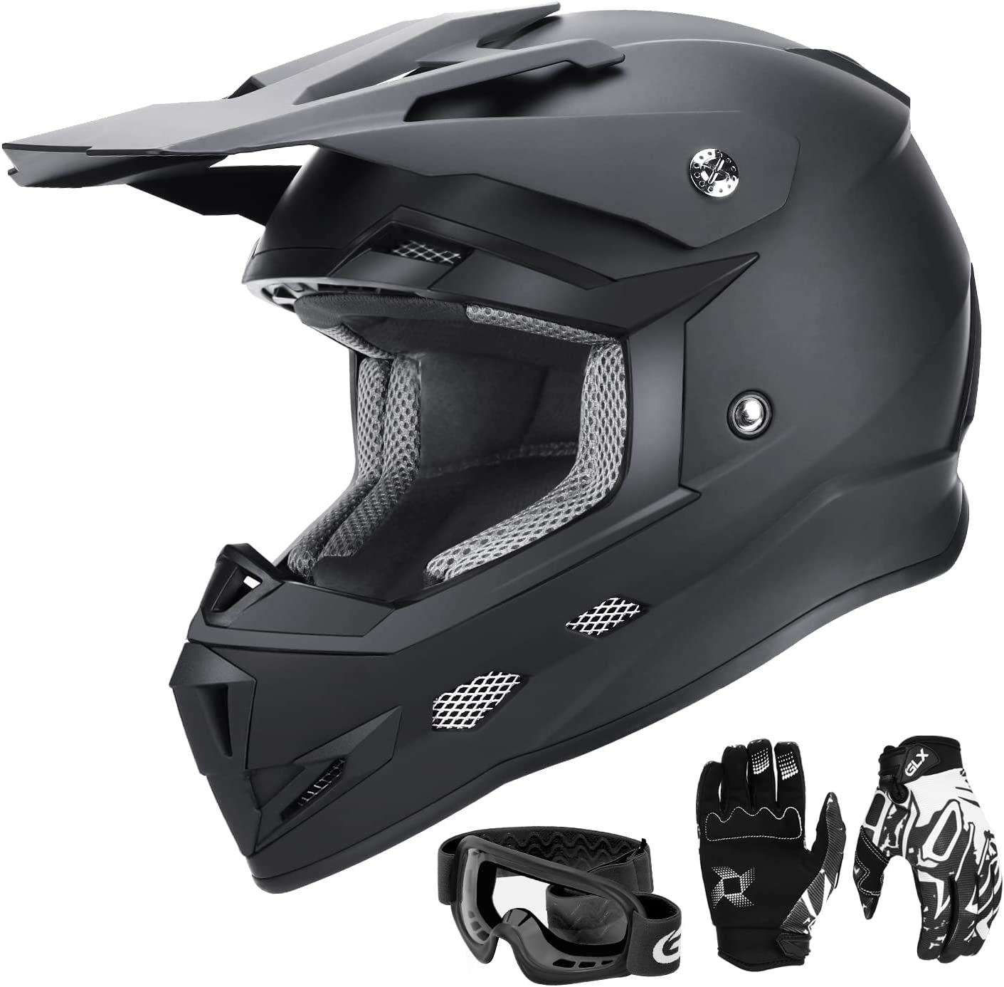 GX623 DOT Kids Youth ATV Off-Road Dirt Bike Motocross Motorcycle Full Face Helmet Combo Gloves Goggles for Boys & Girls (Matte Black, Large)