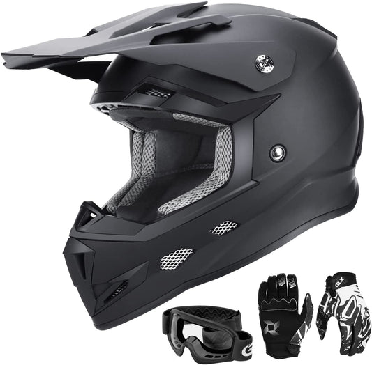 GX623 DOT Kids Youth ATV Off-Road Dirt Bike Motocross Motorcycle Full Face Helmet Combo Gloves Goggles for Boys & Girls (Matte Black, Large)