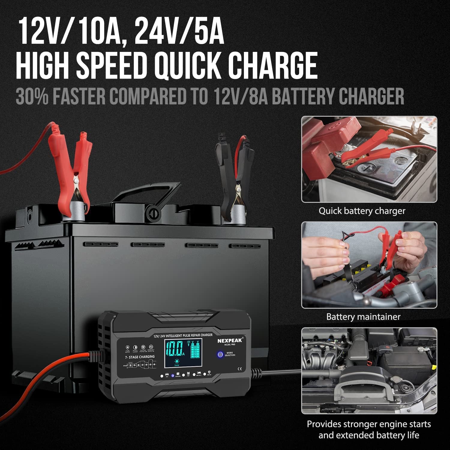Smart 12V/24V Battery Charger for Cars, Boats, and More - Quick, Safe, and Efficient Charging
