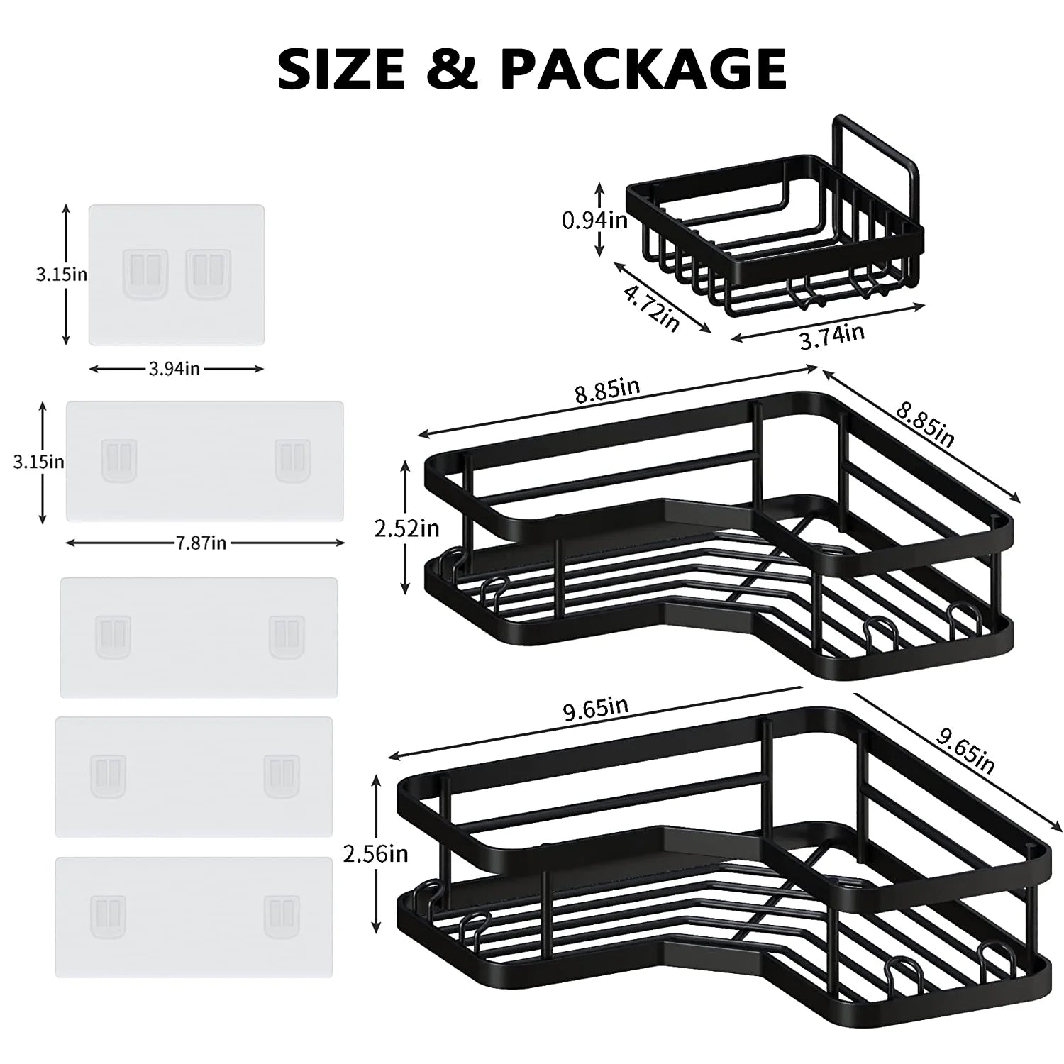 3 PCS Corner Shower Caddy Shower Organizer, 2 Tier Self-Adhesive Bathroom Organizer Shower Caddy Basket with Soap Holder, No Drilling Wall Mounted Rustproof Stainless Steel Shower Rack Black
