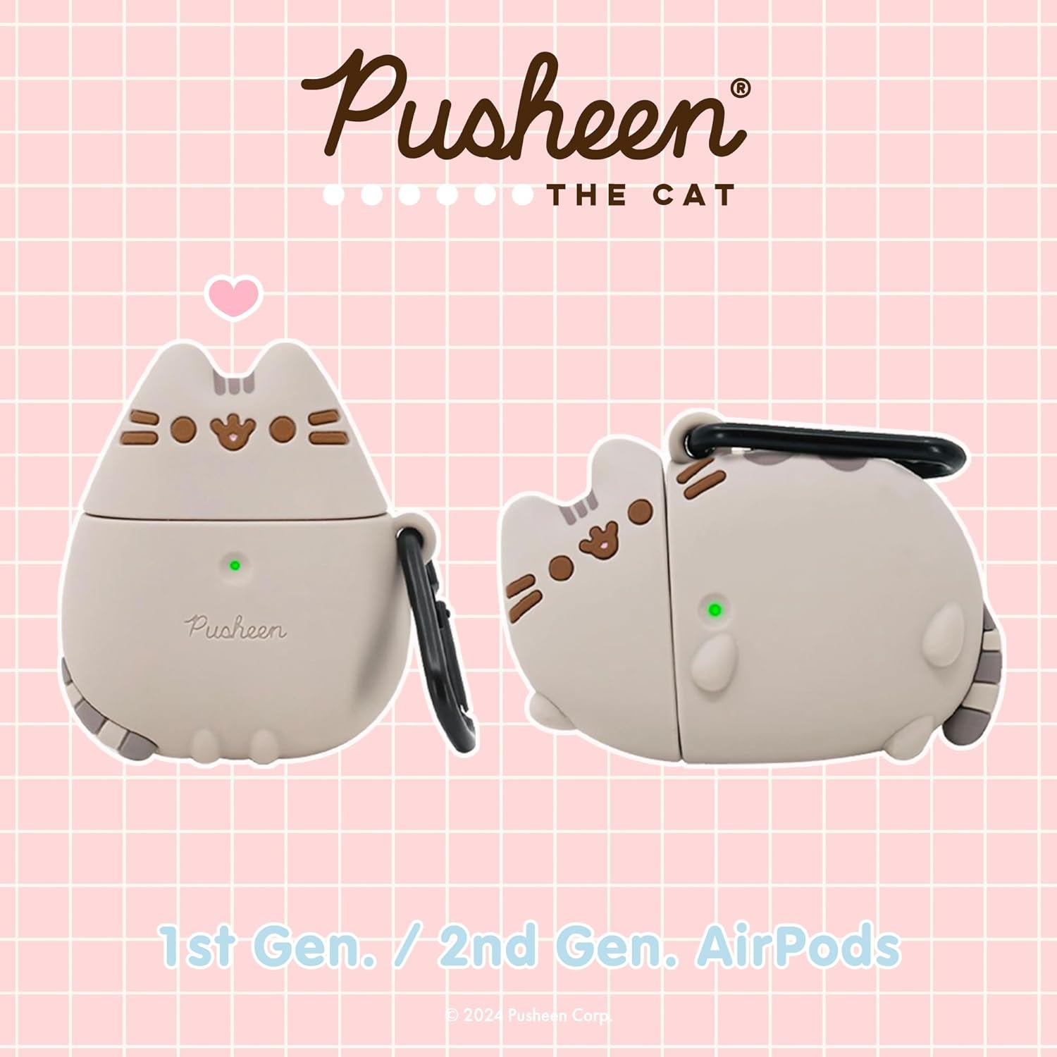 X Pusheen Cute Silicone Protective Cover Designed for Airpods 1/2 Case [Carabiner Clip Included] [Wireless Charging Compatible] - Standing