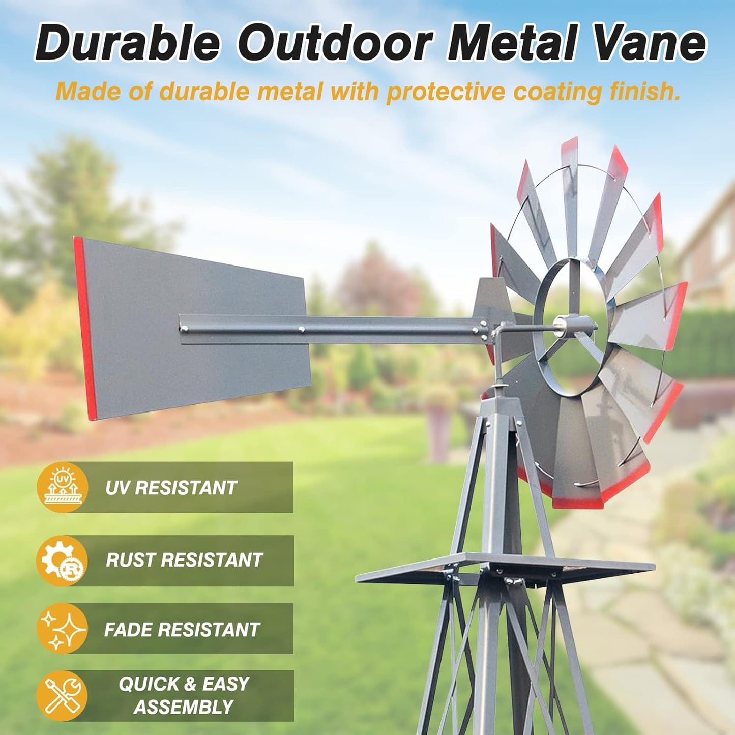 8FT Ornamental Windmill Backyard Garden Decoration Weather Vane, Heavy Duty Metal Wind Mill Weather Resistant 4 Legs Design (Grey)