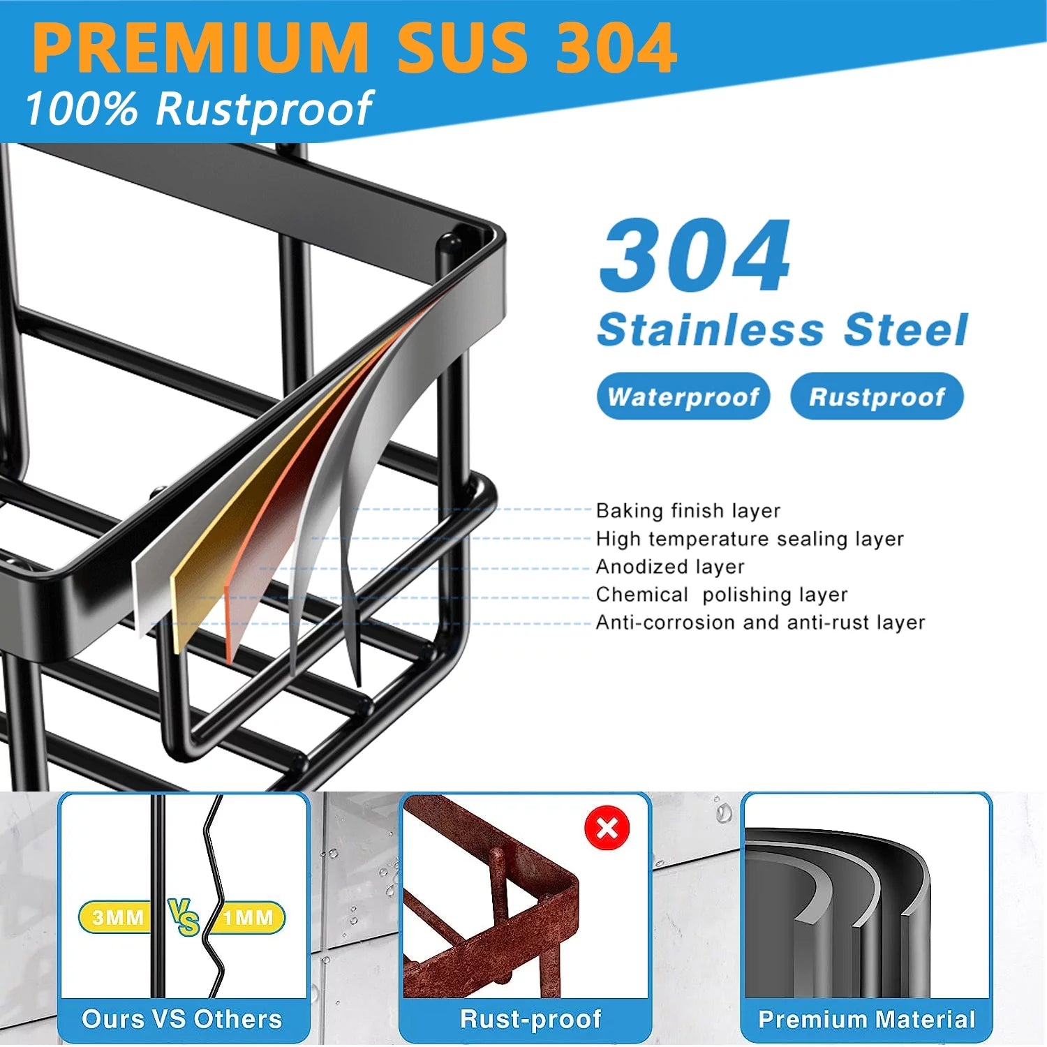 Shower Caddy Bathroom Organizer, 5 PCS Self-Adhesive Bathroom Shower Caddy Basket with Soap & Toothbrush Holder, No Drilling Wall Mounted Rustproof Stainless Steel Shower Shelf Black