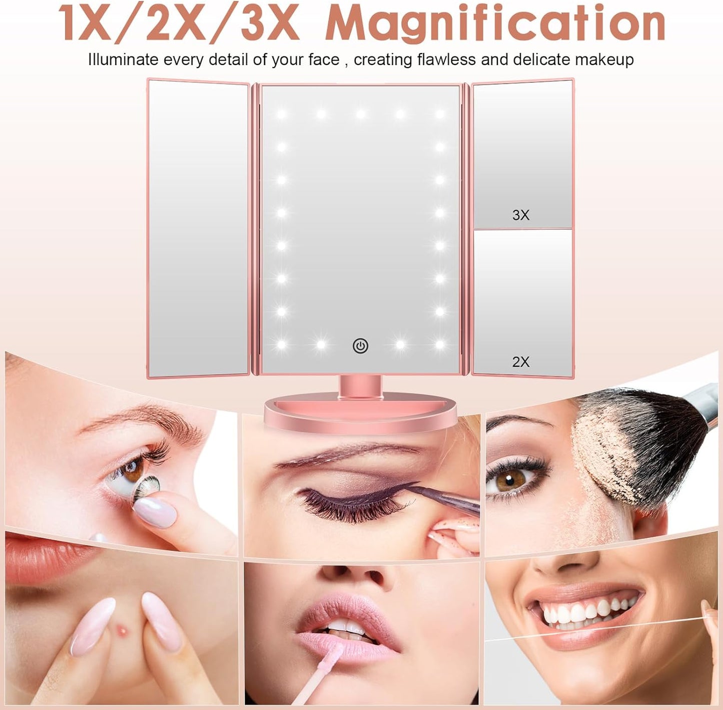 Lighted Vanity Makeup Mirror 1X/2X/3X Magnification Trifold with 21 LED Lights Touch Screen and USB Charging, 180 Degree Adjustable Stand for Countertop Cosmetic Makeup Mirror(Rose Gold)