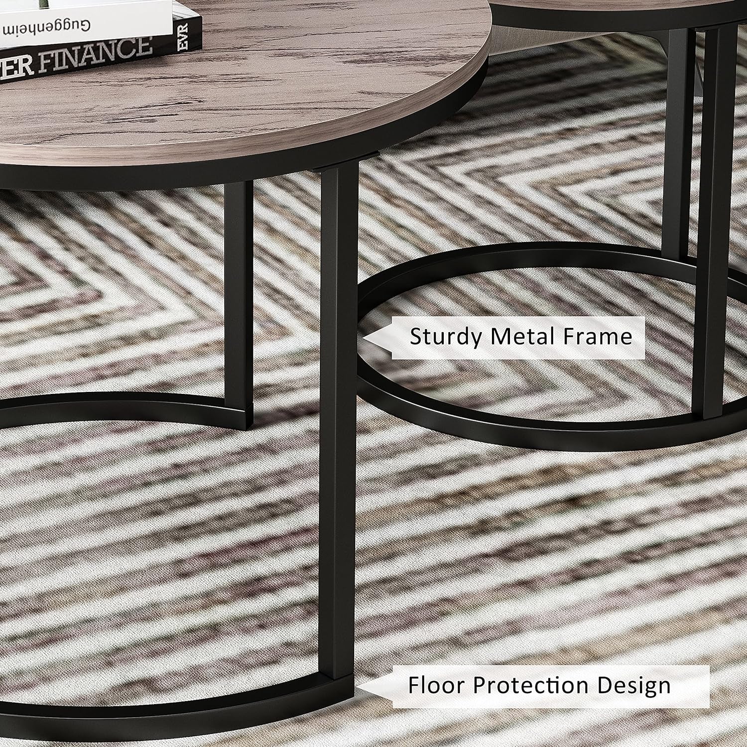 Modern Nesting Coffee Table Set of 2 for Living Room, Balcony, Garden, round Table with Wood Side, Sturdy Metal Frame, Easy Assemble,Antique Grey