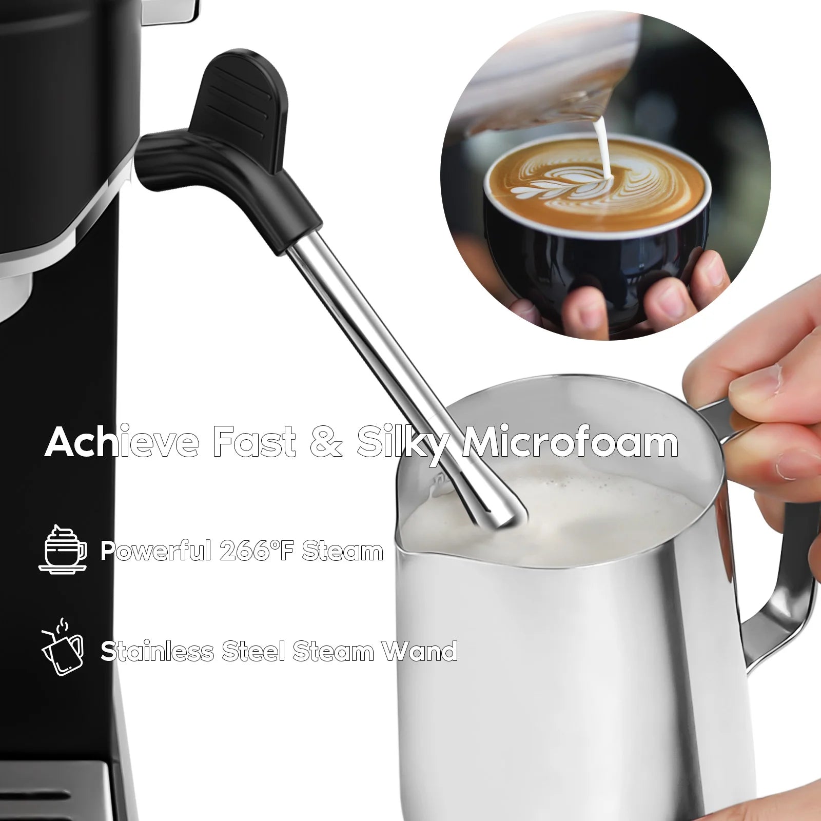 20 Bar Espresso Machine with Milk Frother Steam Wand, Professional Cappuccino Machine, Stainless Steel, Black