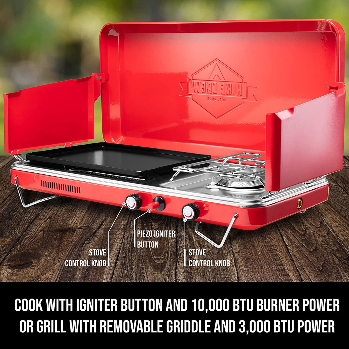 2-In-1 Gas Camping Stove | Portable Propane Grill/Stove Burner W/Integrated Igniter & Stainless Steel Drip Tray | Built-In Carrying Handle, Foldable Legs & Wind Panels | Includes Regulator