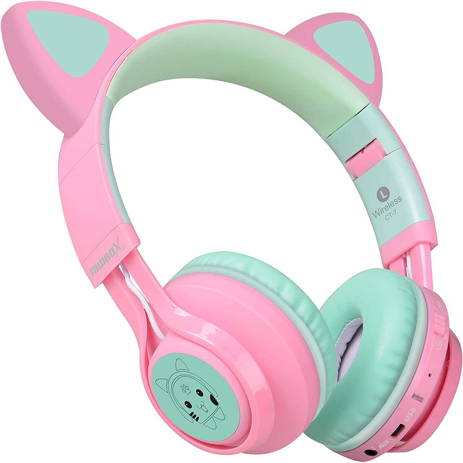 CT-7 Cat Ear Bluetooth Headphones - Fun LED Light-Up Wireless Over-Ear Headphones with Microphone and Volume Control for Kids, Perfect for Travel, School, and Gaming