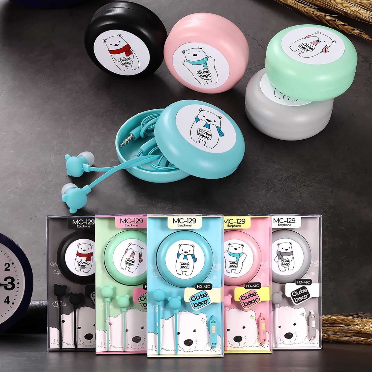 Bear Earbuds for Kids, Kawakii Wired Earbud & In-Ear Headphones Gift for School Girls and Boys with Microphone and Lovely Earphones Storage Case(Green MC)