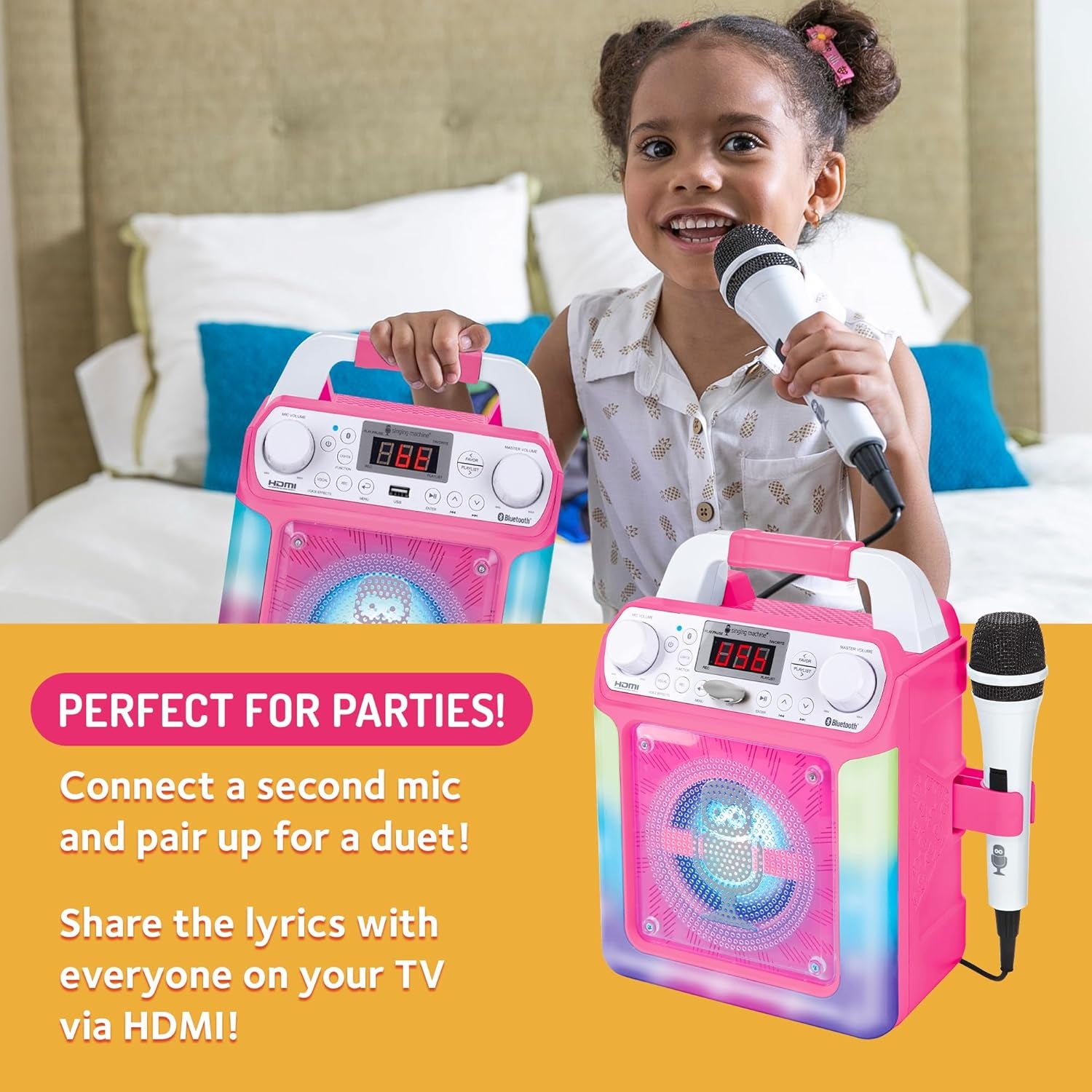 Portable Karaoke Machine for Adults & Kids - Built-In Speaker, Bluetooth, LED Lights, Wired Mic - with Voice Changing Effects