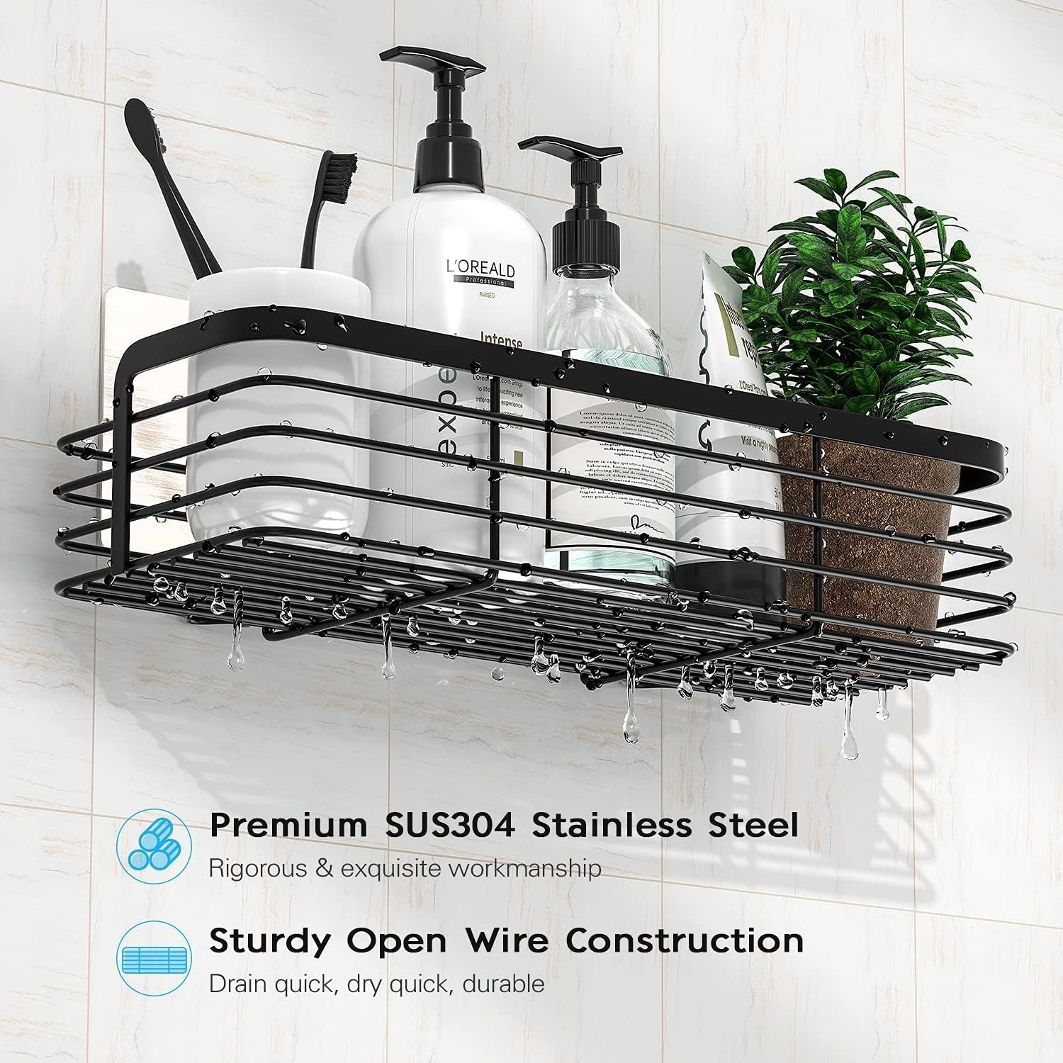 Shower Caddy, Adhesive Shower Shelves with 6 Hooks, Bathroom Shower Organizer Racks No Drilling, Rustproof Stainless Steel Shower Storage Shelf for inside Shower, 2 Pack, Matte Black