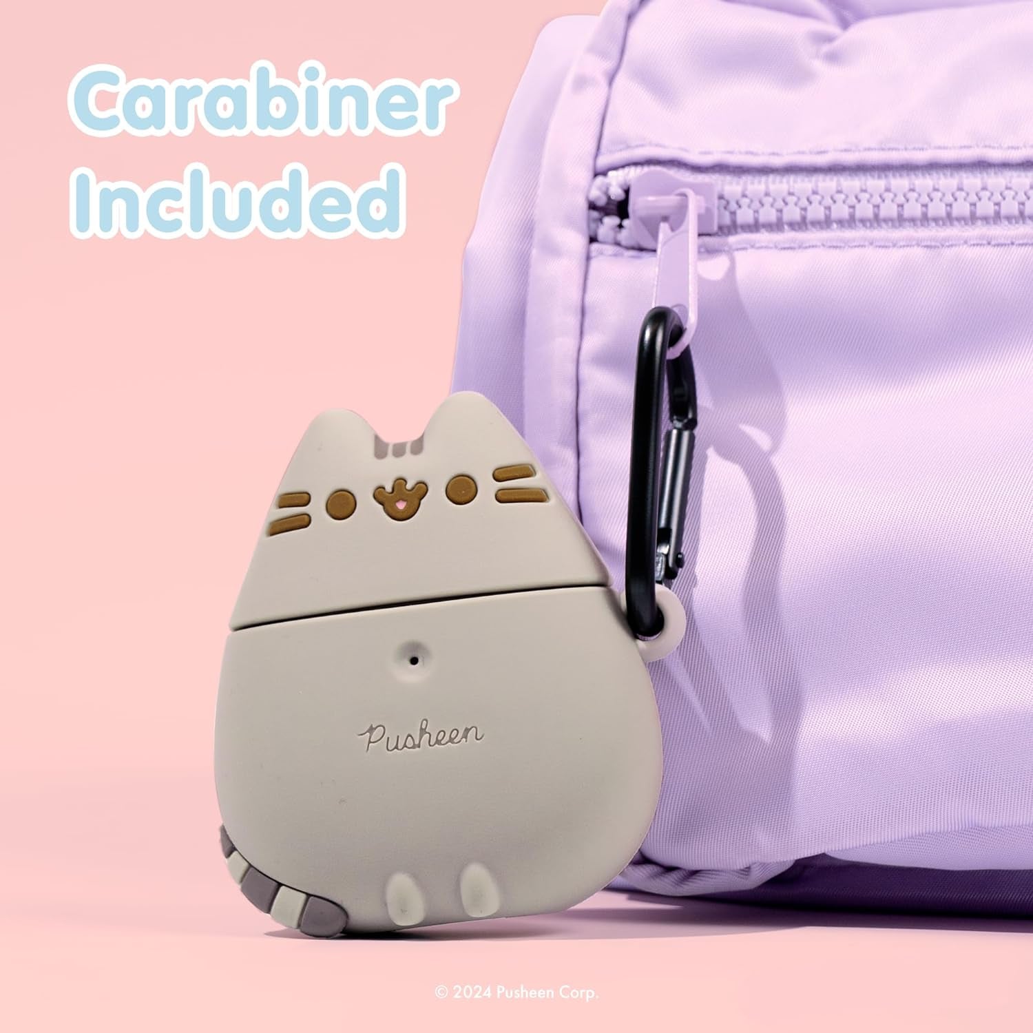 X Pusheen Cute Silicone Protective Cover Designed for Airpods 1/2 Case [Carabiner Clip Included] [Wireless Charging Compatible] - Standing