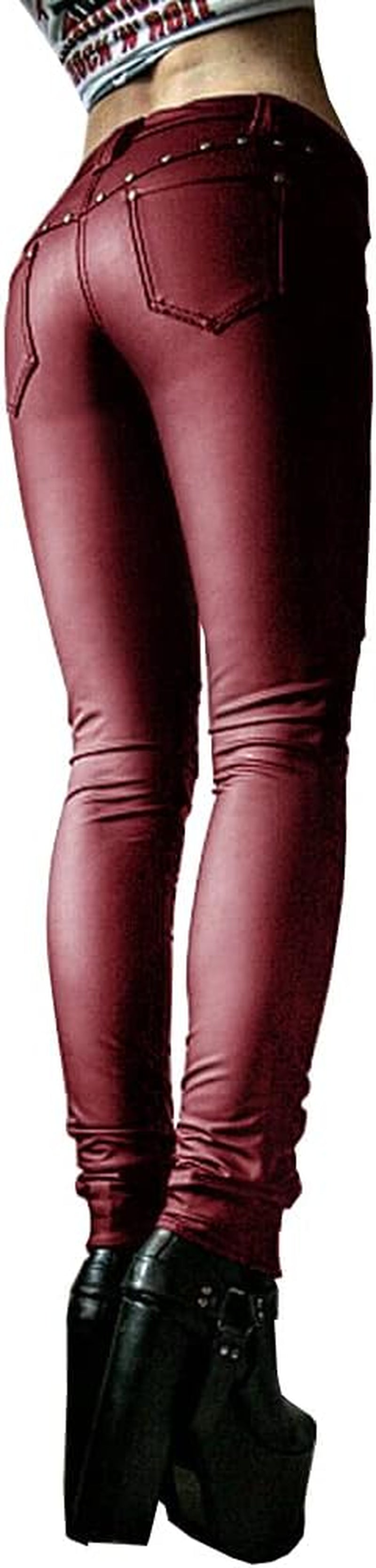 Women'S Faux Leather Leggings Gothic Punk Skinny PU Leather Pants Mid Rise Novelty Studded Tight Pants