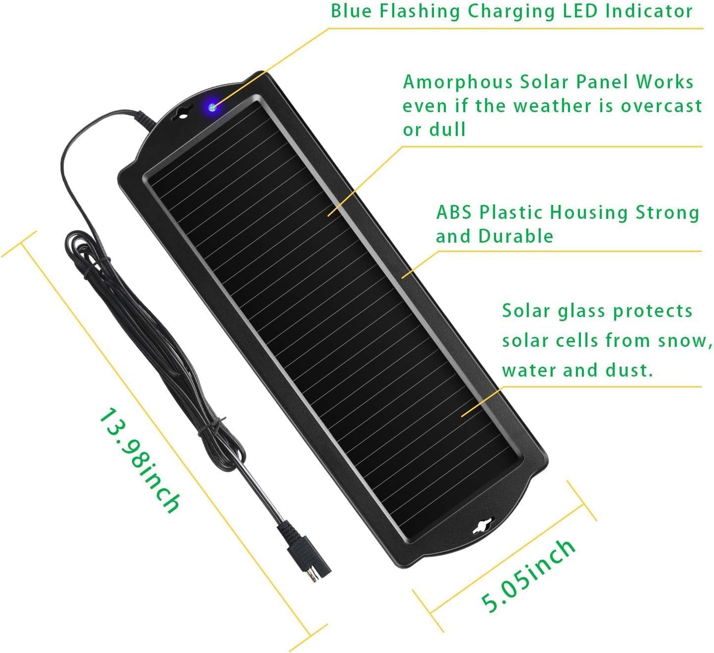 Efficient 12V Solar Battery Trickle Charger & Maintainer - Keep Your Car, Motorcycle, or RV Battery Charged Anywhere!