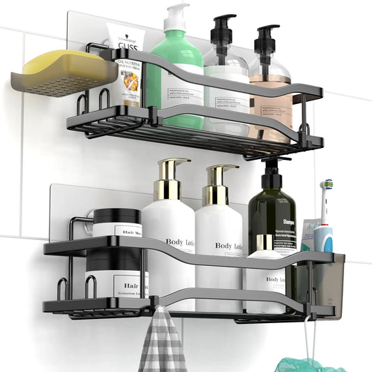 Bathroom Shower Caddy , 2 Pack Stainless Steel Adhesive Shelves with Hooks, Toothpaste & Soap Holder, No Drilling Rustproof Bathroom Shower Organizer for Shower Storage Black