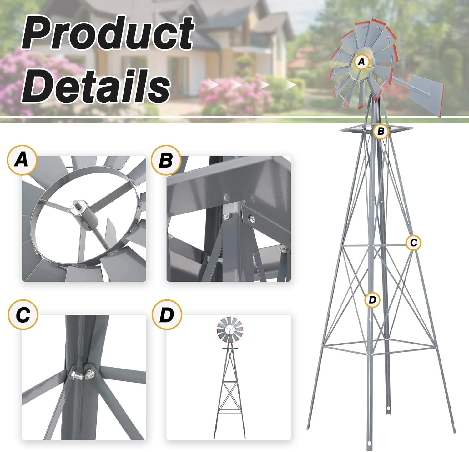 8FT Ornamental Windmill Backyard Garden Decoration Weather Vane, Heavy Duty Metal Wind Mill Weather Resistant 4 Legs Design (Grey)