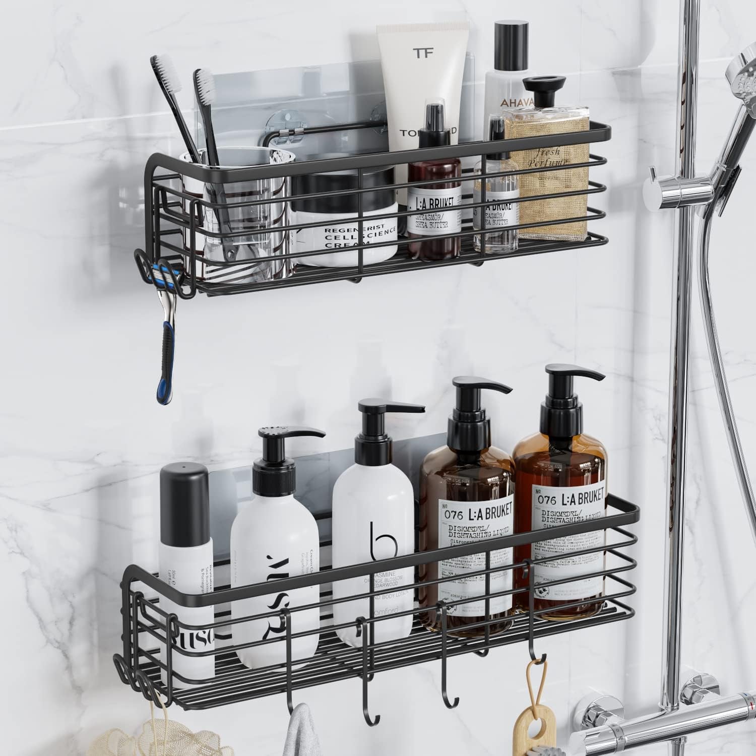 Shower Caddy, Adhesive Shower Shelves with 6 Hooks, Bathroom Shower Organizer Racks No Drilling, Rustproof Stainless Steel Shower Storage Shelf for inside Shower, 2 Pack, Matte Black