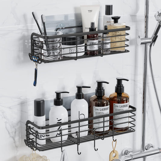 Shower Caddy, Adhesive Shower Shelves with 6 Hooks, Bathroom Shower Organizer Racks No Drilling, Rustproof Stainless Steel Shower Storage Shelf for inside Shower, 2 Pack, Matte Black