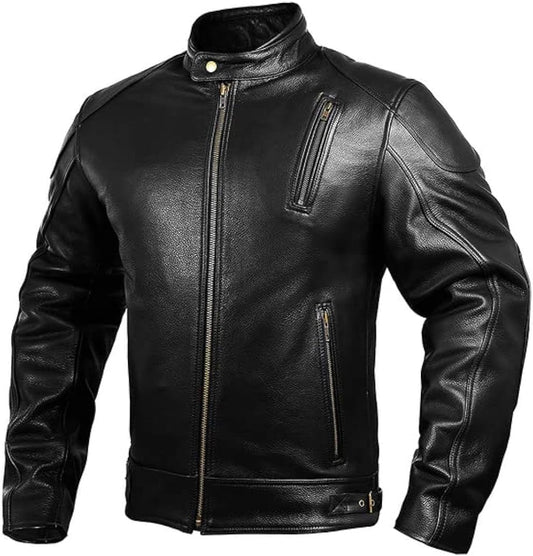 Leather Motorcycle Jacket with Armor for Men, Cafe Racer Genuine Leather Jacket for Weather Resistant Enduro Motocross, Motorbike Riding, Easy Adjust Men'S Motorcycle Jacket, Medium