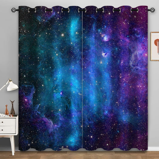 Galaxy Blackout Curtains Outer Space Universe Nebula Night Starry Decor for Kids Boys Teens Bedroom Living Room Window Drapes Grommet Top Room Darkening Curtains 2 Panel Set, 52"X84"