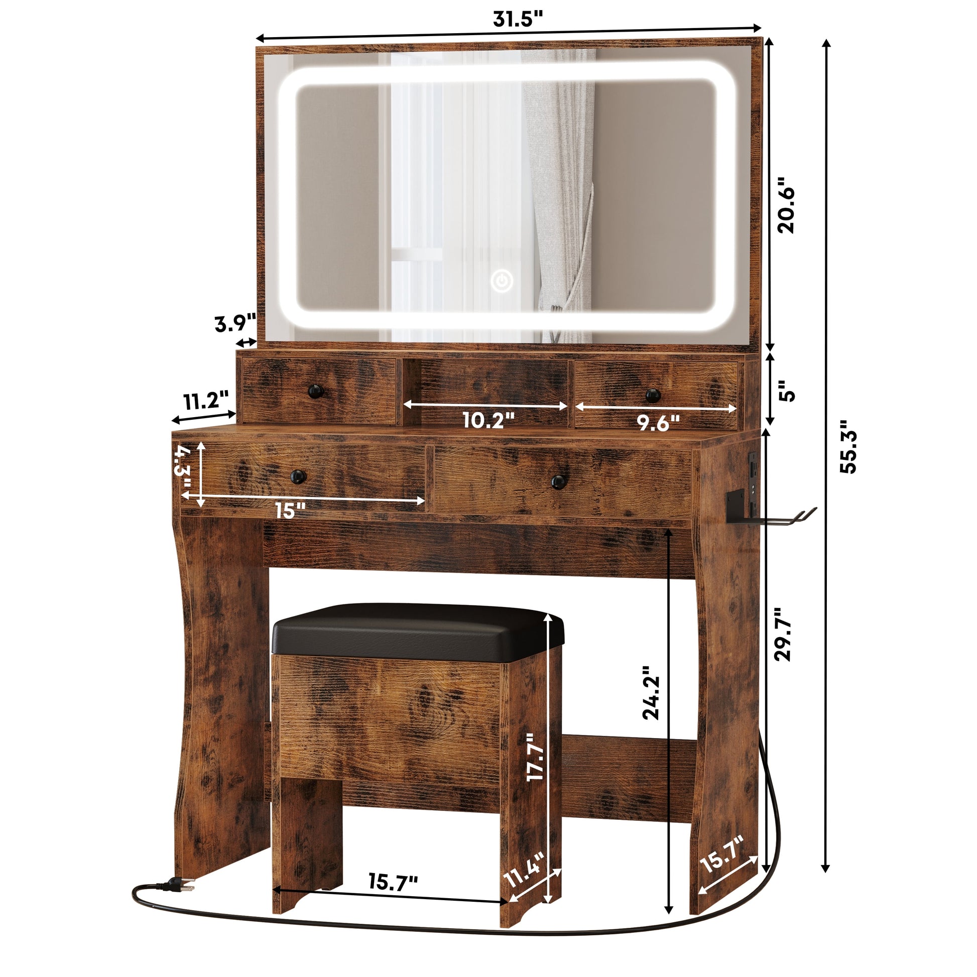 Vanity Desk, Bedroom Makeup Table with 4 Drawers,Storage Stool, Vintage Brown