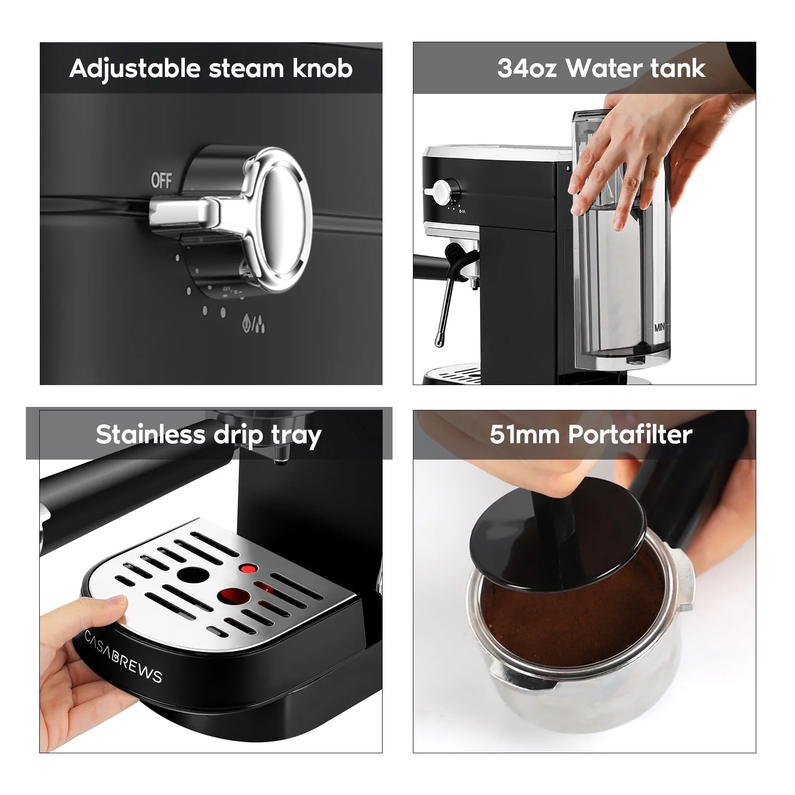 20 Bar Espresso Machine with Milk Frother Steam Wand, Professional Cappuccino Machine, Stainless Steel, Black